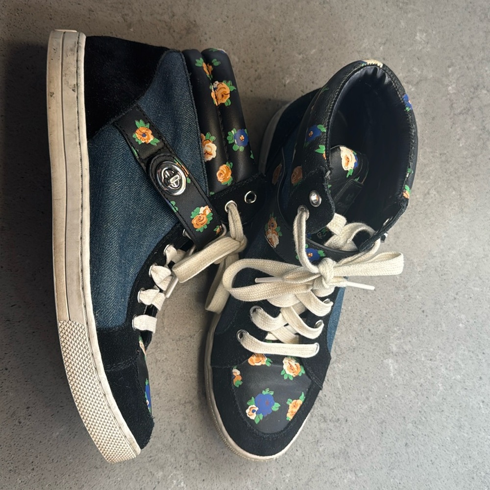 Coach Denim Floral Suede Sneakers Blue Black High Top Booties Pembroke Clasp 9